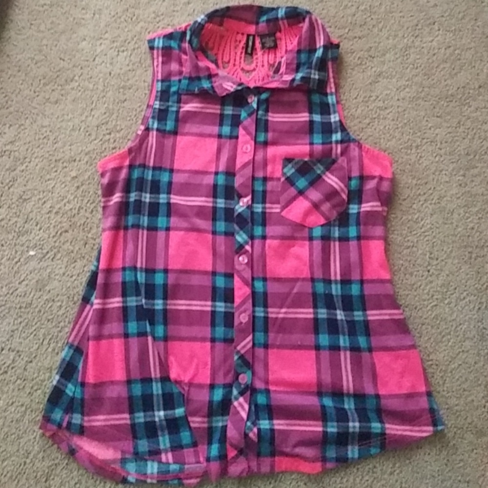 Pink and Blue Flannel Sleeveless Shirt- no comment
